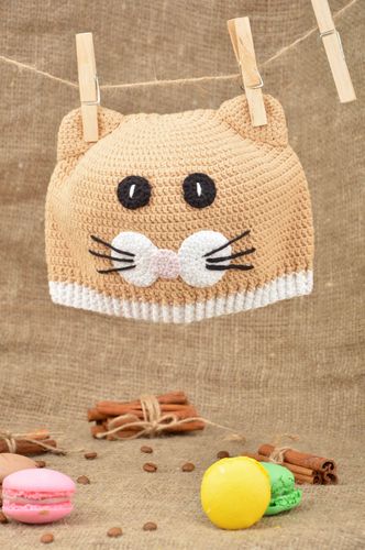Handmade childrens hat crocheted of beige cotton and woolen threads Kitten - MADEheart.com