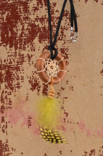 Handmade designer cute beautiful pendant with lemon feather of guinea hen - MADEheart.com