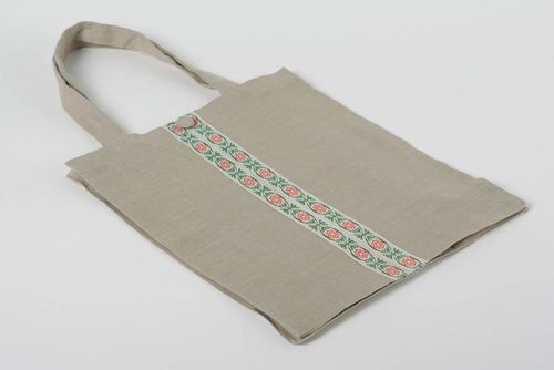 Große bequeme helle Damen Tasche aus Leinen mit Borte Handarbeit - MADEheart.com