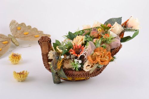 Ikebana made of artificial flowers in wicker basket pretty unusual handmade home decor - MADEheart.com