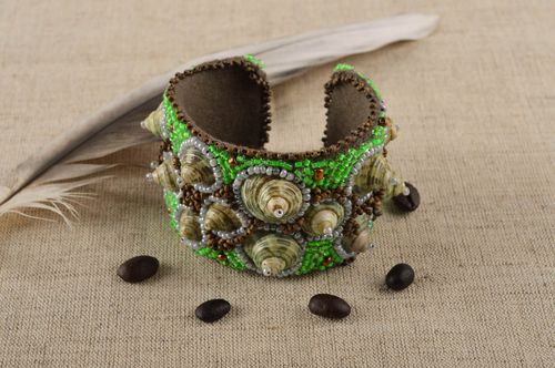 Cuff handmade beaded bracelet costume jewelry in light green and golden colors for women - MADEheart.com