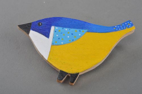 Handmade designer bright painted plywood brooch blue and yellow titmouse bird - MADEheart.com
