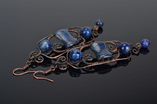 Handmade metal earrings with lazurite and agate - MADEheart.com