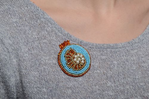 Handmade round brooch neck pendant woven of Czech beads of blue color - MADEheart.com