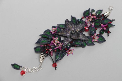 Handmade stylish bracelet made of polymer clay with black orchids on chain - MADEheart.com