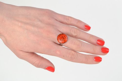 Bright red handmade round ring with spangles coated with jewelry glaze - MADEheart.com