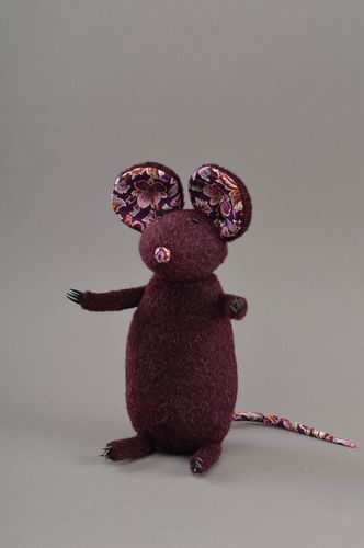 Small handmade childrens half wool fabric soft toy Mouse of violet color - MADEheart.com