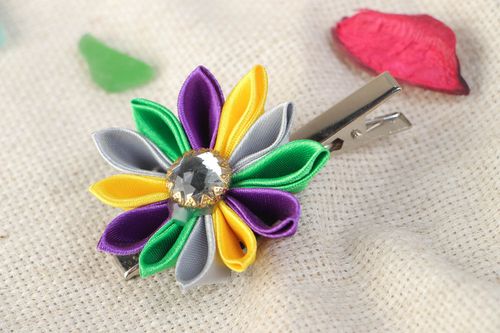Handmade hair clip with colorful satin ribbon kanzashi flower with rhinestone - MADEheart.com