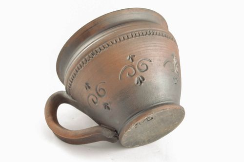 Natural red clay handmade coffee cup of 5 oz with handle and classic rustic pattern - MADEheart.com