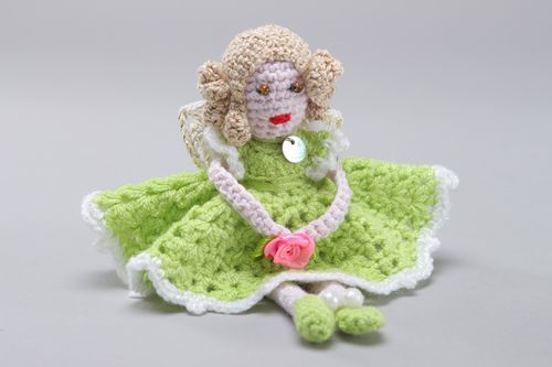 Handmade soft doll crocheted of cotton and acrylic threads Girl in green dress - MADEheart.com