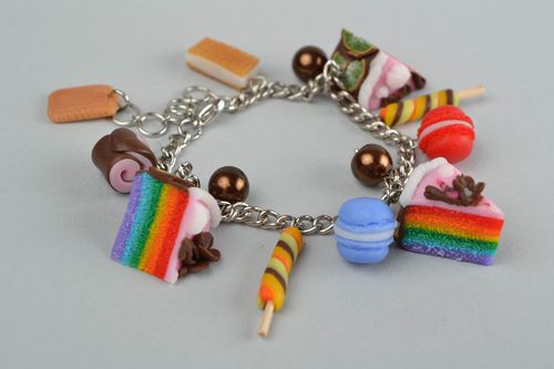 Bright homemade kids wrist bracelet on metal chain with cookies beads - MADEheart.com