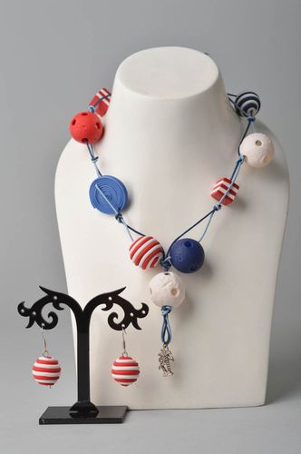 Ceramic bright beads necklace on three cords with white, red, blue large beads - MADEheart.com