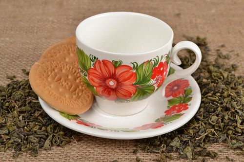 8 oz porcelain teacup with Russian style floral red and green pattern - MADEheart.com