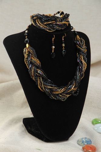 Dark handmade designer beaded jewelry set 3 pieces bracelet necklace and earrings - MADEheart.com