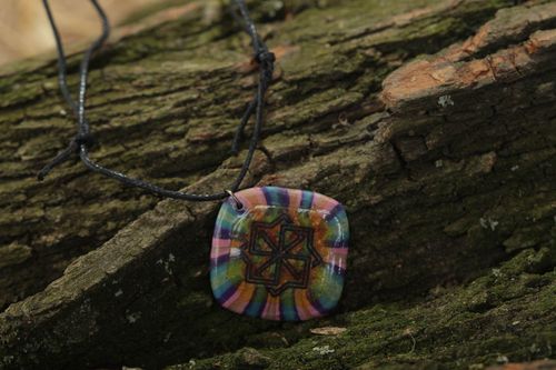 Handmade bright motley polymer clay pendant necklace with ornament on cord - MADEheart.com