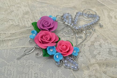 Beautiful handmade designer polymer clay flower brooch on wire wrap basis - MADEheart.com