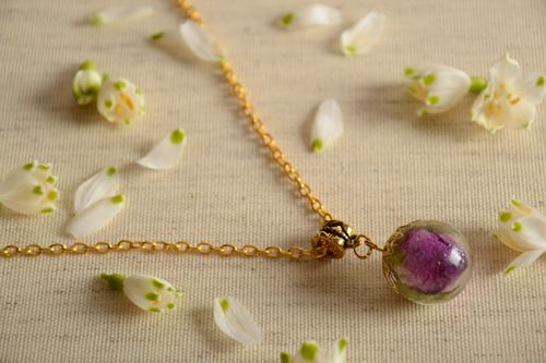 Handmade pendant on metal chain with real flower inside coated with epoxy - MADEheart.com