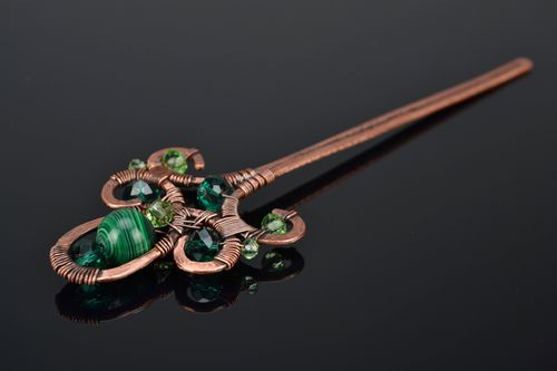Handmade copper hair pin with malachite made using wire wrap technique - MADEheart.com