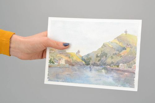 Peinture contemporaine à laquarelle faite main Montagnes - MADEheart.com