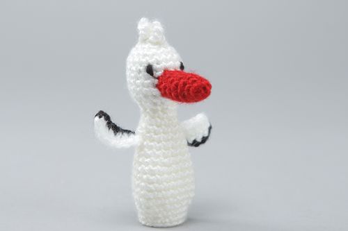 Handmade finger puppet crocheted of acrylic threads white stork for home theater - MADEheart.com