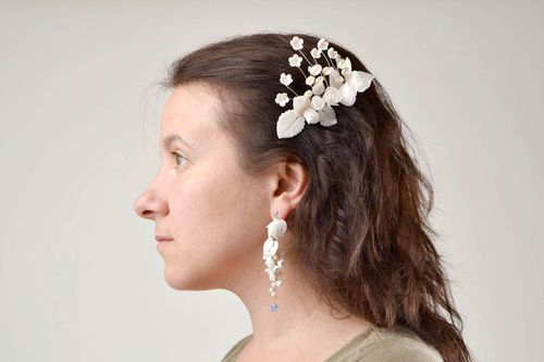 Handmade jewelry set flower hair comb dangling earrings wedding accessories - MADEheart.com