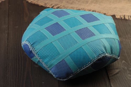 Handmade designer throw pillow sewn of genuine leather in blue color palette - MADEheart.com