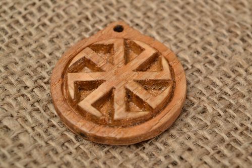 Wooden handmade Slavic talisman pectoral amulet Kolovrat in ethnic style - MADEheart.com