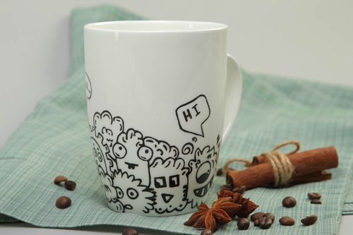 16 oz ceramic porcelain white tea cup with handle and funny pattern - MADEheart.com