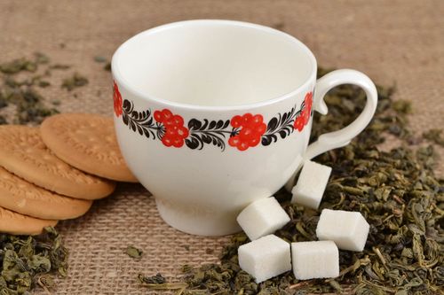 5 oz white ceramic porcelain tea cup with black and red floral pattern in Japanese style - MADEheart.com