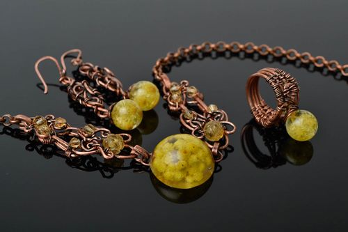 Handmade jewelry set wire wrap necklace dangling earrings seal ring gift for her - MADEheart.com