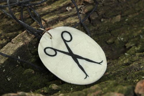 Polymer clay handmade oval pendant with picture of scissors white accessory - MADEheart.com