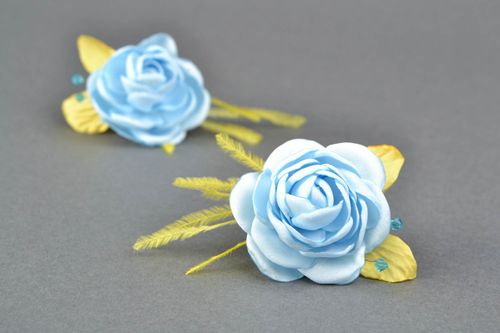 Handmade satin and chiffon hair clips 2 items Blue Rose - MADEheart.com