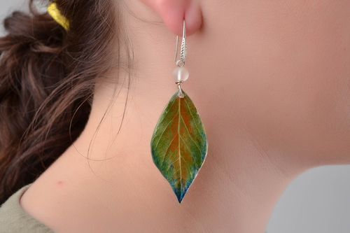Handmade earrings glass earrings epoxy jewelry unusual gift leaf accessories - MADEheart.com