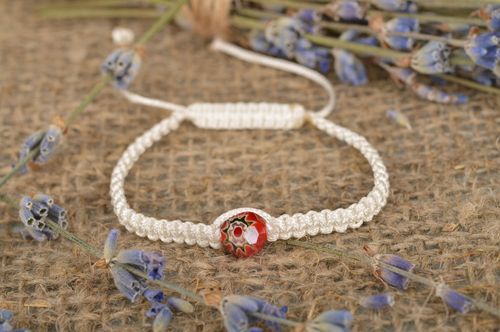 Handmade strand adjustable friendship bracelet braided beige string bracelet with one red bead - MADEheart.com