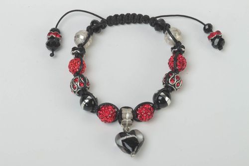 Black rope cord strand bracelet with black, red beads and heart-shaped charm - MADEheart.com
