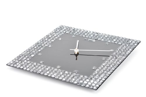 Handmade square fused glass decorative wall clock black and silver for interior  - MADEheart.com