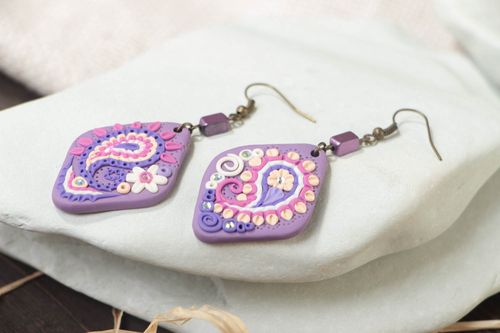Lilac earrings made of polymer clay with patterns handmade summer accessory - MADEheart.com