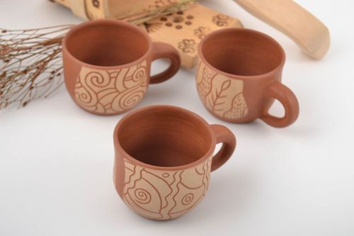 Set of clay cups painted with mineral engobes 3 pieces handmade pottery for home - MADEheart.com