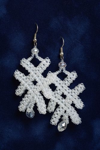 Handmade festive designer light white beaded dangling earrings Snow Queen  - MADEheart.com