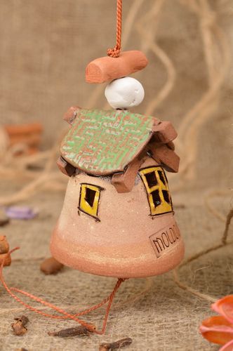 Homemade ceramic bell interior wall hanging souvenir House with green roof - MADEheart.com