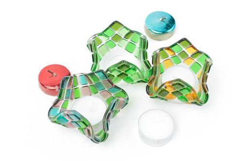Bougeoirs design fait main Déco maison 3 pièces en verre verts Cadeau original - MADEheart.com