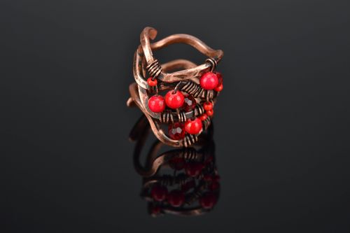 Wire wrap copper ring with coral - MADEheart.com