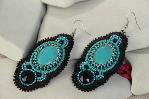Handmade beaded earrings with charms long jewelry with artificial turquoise - MADEheart.com