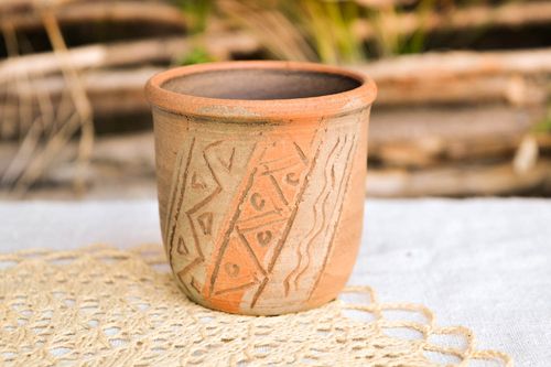 Clay no handle ceramic wine cup in olive and brown color - MADEheart.com