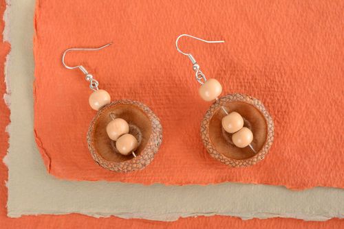 Earrings with wooden beads and acorns handmade designer jewelry in eco-style - MADEheart.com
