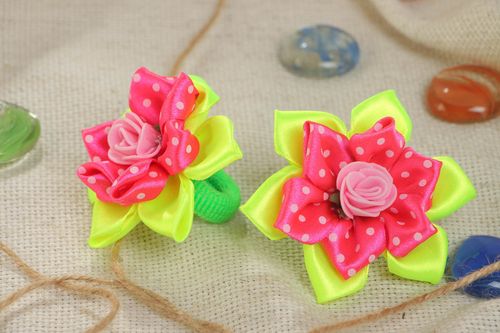 Set of handmade scrunchies made of satin ribbons kanzashi technique 2 pieces - MADEheart.com