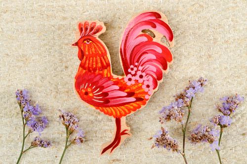 Magnet en bois Aimant frigo fait main peinture ethnique Décoration cuisine Coq - MADEheart.com