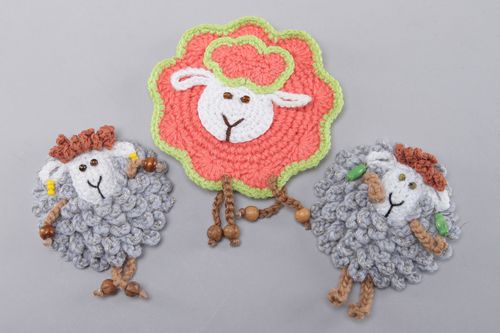 Set of handmade fridge magnets crocheted of cotton and wool 3 items Lambs - MADEheart.com