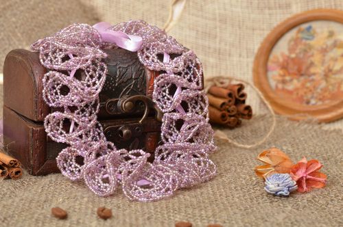 Beautiful lavender handmade designer beaded lace necklace with satin ribbons - MADEheart.com
