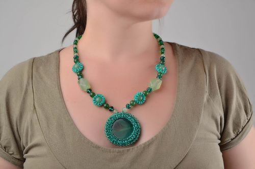 Handmade beaded necklace with natural stones long green designer accessory - MADEheart.com